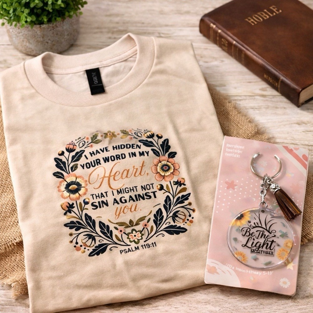 Christian Faith Gift Set Psalm 119:11 Floral Shirt Large + Be The Light Keychain